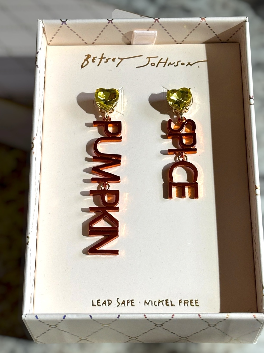 NWT•Betsey Johnson metallic Orange “Pumpkin Spice” Drop Earrings